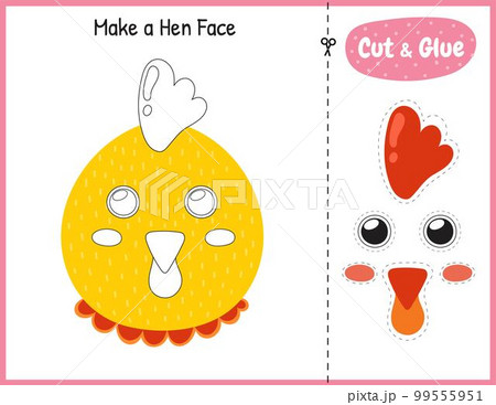 Make a hen face funny game for kids. Cut and glue educational activity page 99555951