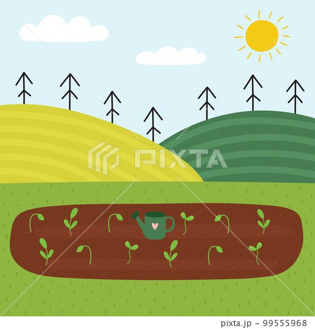 Green field landscape with a garden bed in cartoon style. Meadow with sprouts 99555968