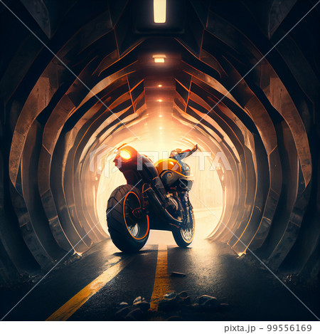 Motorcyclist on mountain road with a tunnel across the rock 99556169
