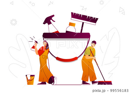 Cleaning company web concept. Cleaners team provides housekeeping services. People scene with flat line characters design for website. Vector illustration for social media promotional materials 99556183