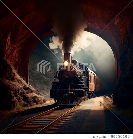 Old steam train pulling into a tunnel belching steam and smoke Old steam train pulling into a tunnel belching steam and smoke 99556199