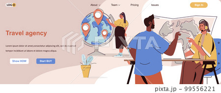 Travel agency web concept. Operator helps client to choose tourist tour at map scene. Banner template with flat line characters design. Vector illustration for social media promotional materials Travel agency web concept. Operator helps client to choose tourist tour at map scene. Banner template with flat line characters design. Vector illustration for social media promotional materials 99556221