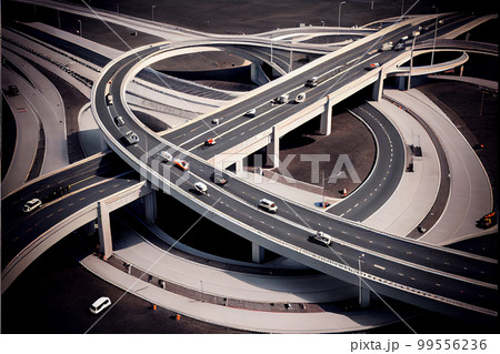 Crossing roads aerial view. Highway road. Expressway top view. Highway traffic. Multi-level road junction. Motorway. Top view freeway. Road architecture. 99556236