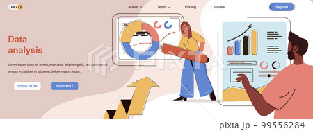 Data analysis web concept. Business analytics, accounting, research statistics scene. Banner template with flat line characters design. Vector illustration for social media promotional materials Data analysis web concept. Business analytics, accounting, research statistics scene. Banner template with flat line characters design. Vector illustration for social media promotional materials 99556284