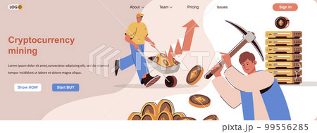 Cryptocurrency mining web concept. Businessmen make digital money, increase income scene. Banner template with flat line characters design. Vector illustration for social media promotional materials Cryptocurrency mining web concept. Businessmen make digital money, increase income scene. Banner template with flat line characters design. Vector illustration for social media promotional materials 99556285