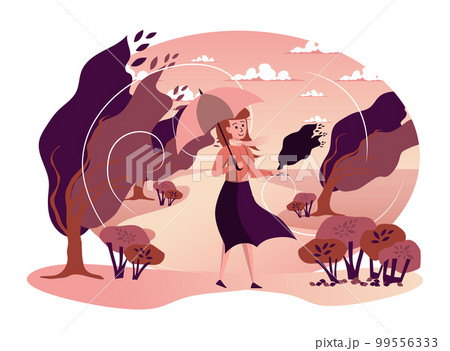 Woman walking under umbrella in autumn park isolated scene. Young girl hurries home in bad storm windy weather. Autumn landscape and seasonal activities. Vector illustration in flat cartoon design 99556333
