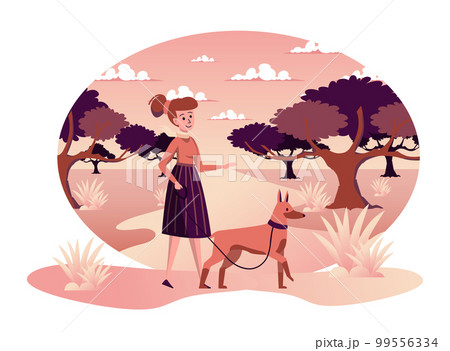 Woman walking dog in autumn park isolated scene. Female owner spends time with puppy, training pet in outdoors. Autumn landscape and seasonal activities. Vector illustration in flat cartoon design 99556334