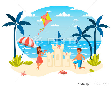 Summer vacation isolated scene. Girl and boy building sand castle, playing games on beach. Children resting at seaside resort, recreation tropical island. Vector illustration in flat cartoon design 99556339