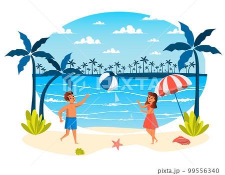 Summer vacation isolated scene. Girl and boy playing ball on beach. Children doing sport activities, resting at seaside resort, recreation tropical island. Vector illustration in flat cartoon design Summer vacation isolated scene. Girl and boy playing ball on beach. Children doing sport activities, resting at seaside resort, recreation tropical island. Vector illustration in flat cartoon design 99556340