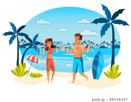 Summer vacation isolated scene. Man and woman resting at seaside resort, recreation at tropical island. Couple drinking cocktails and sunbathing on beach. Vector illustration in flat cartoon design Summer vacation isolated scene. Man and woman resting at seaside resort, recreation at tropical island. Couple drinking cocktails and sunbathing on beach. Vector illustration in flat cartoon design 99556347