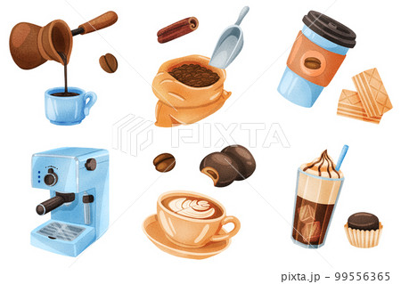 Coffee stickers set. Bundle of objects - drink in cup, spices, beans, cookies. Different tools - cezve, coffee machine . Morning breakfast. 3d illustration with isolated elements in realistic design Coffee stickers set. Bundle of objects - drink in cup, spices, beans, cookies. Different tools - cezve, coffee machine . Morning breakfast. 3d illustration with isolated elements in realistic design 99556365