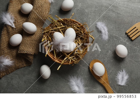 Concept of fresh and natural farm product - eggs, top view 99556853