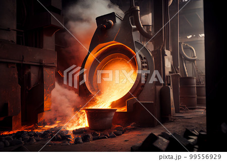 Liquid iron molten metal pouring in container, industrial metallurgical factory, foundry cast, heavy industry background Liquid iron molten metal pouring in container, industrial metallurgical factory, foundry cast, heavy industry background 99556929
