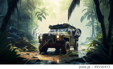 Armored SUV n in rain forest with led bar on roof Armored SUV n in rain forest with led bar on roof 99556973