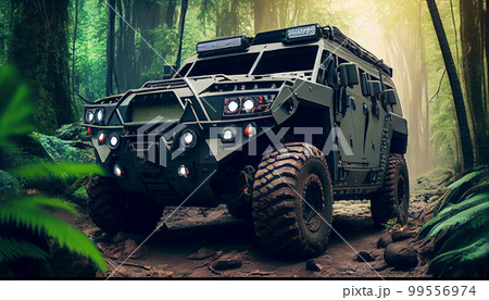 Armored SUV n in rain forest with led bar on roof 99556974