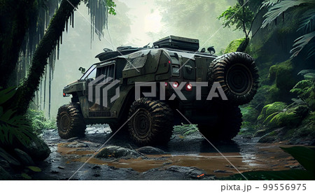 Armored SUV n in rain forest with led bar on roof 99556975