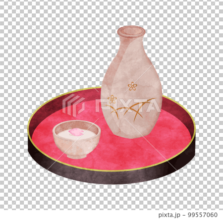 Floating cherry blossom petals sake illustration hand-painted watercolor style 99557060