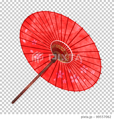 Illustration of a red Japanese umbrella with a cherry blossom pattern Hand-painted watercolor style 99557062