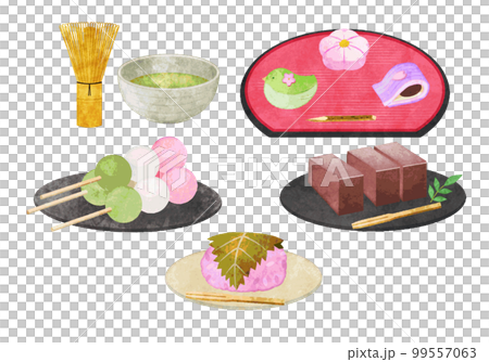 抹茶と和菓子のイラスト　手描き水彩風 99557063