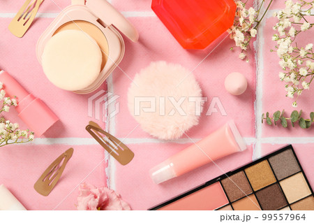 Concept of cosmetic and different female accessories, top view Concept of cosmetic and different female accessories, top view 99557964