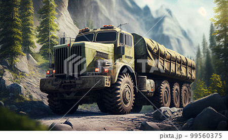 Army lorry truck car on mountain highway 99560375