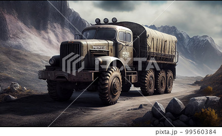 Army lorry truck car on mountain highway Army lorry truck car on mountain highway 99560384