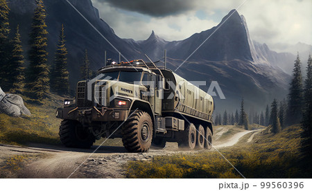 Army lorry truck car on mountain highway 99560396