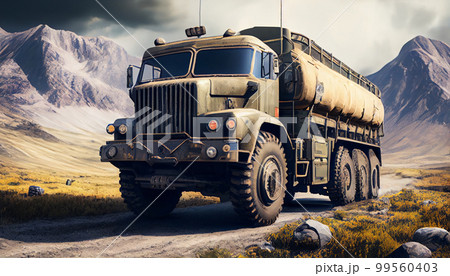 Army lorry truck car on mountain highway 99560403