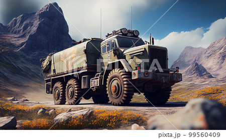 Army lorry truck car on mountain highway 99560409