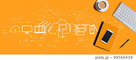 Cloud computing with computer keyboard and office items 99560439