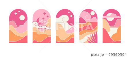 Set of Abstract Mountain Landscapes in the Arches. Vector illustration in an aesthetic, minimalist mid century modern style in pink, sand tones. 99560594