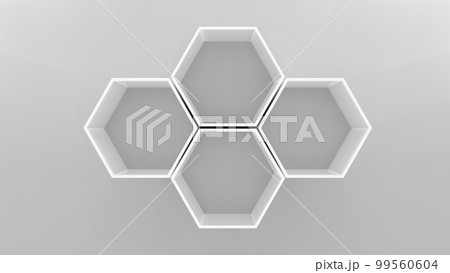 Four empty hexagon shelves on white wall 3D mockup 99560604