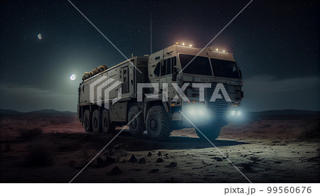 War Concept. Military silhouettes fighting scene on war fog sky background, World War truck Silhouettes Below Skyline At night. Armored vehicles 99560676