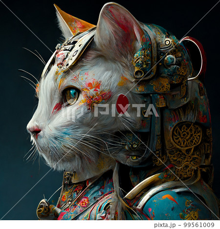 Portrait of a cat in fantasy armor from Japanese culture. 99561009