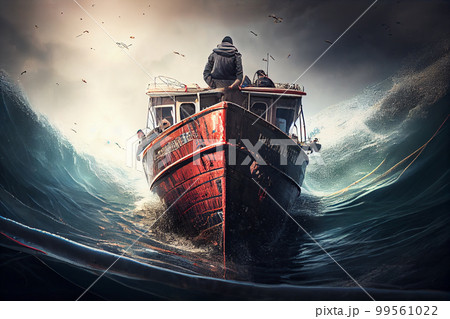 Small boat full of immigrants in stormy Mediterranean Sea. 99561022