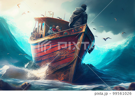 Small boat full of immigrants in stormy Mediterranean Sea. 99561026