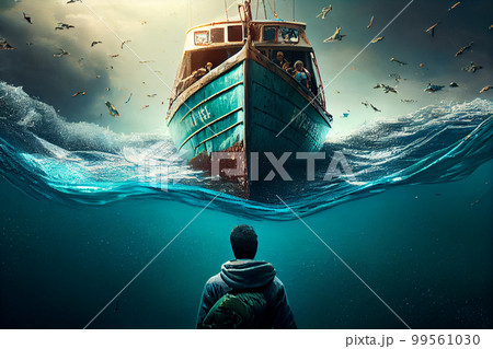 Small boat full of immigrants in stormy Mediterranean Sea. Small boat full of immigrants in stormy Mediterranean Sea. 99561030