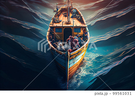 Small boat full of immigrants in stormy Mediterranean Sea. Small boat full of immigrants in stormy Mediterranean Sea. 99561031