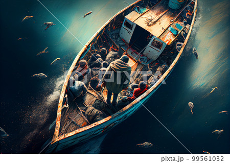 Small boat full of immigrants in stormy Mediterranean Sea. 99561032