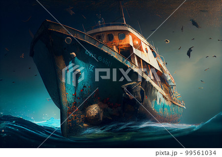 Small boat full of immigrants in stormy Mediterranean Sea. Small boat full of immigrants in stormy Mediterranean Sea. 99561034