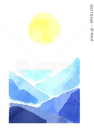 Watercolor landscape, blue mountain view and sun 99561109
