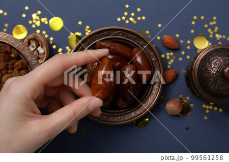 Concept of Muslim holy month Ramadan Kareem, top view Concept of Muslim holy month Ramadan Kareem, top view 99561258