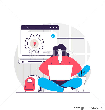 Video tutorial web concept. Woman studying on laptop, watching video. Online education people scene. Flat characters design for website. Vector illustration for social media promotional materials Video tutorial web concept. Woman studying on laptop, watching video. Online education people scene. Flat characters design for website. Vector illustration for social media promotional materials 99562293