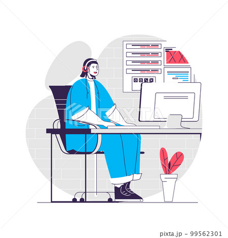 Support center web concept. Woman works on hotline, helpline, tech support. Call center people scene. Flat characters design for website. Vector illustration for social media promotional materials Support center web concept. Woman works on hotline, helpline, tech support. Call center people scene. Flat characters design for website. Vector illustration for social media promotional materials 99562301