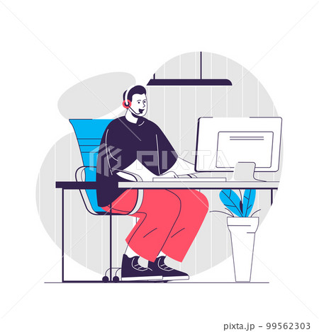 Support center web concept. Online consultant helps clients in chat and calls. Call center people scene. Flat characters design for website. Vector illustration for social media promotional materials Support center web concept. Online consultant helps clients in chat and calls. Call center people scene. Flat characters design for website. Vector illustration for social media promotional materials 99562303
