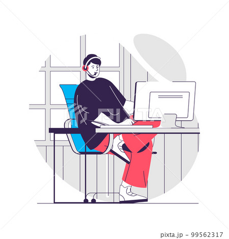 Support center web concept. Operator in headphones advises clients at computer. Call center people scene. Flat characters design for website. Vector illustration for social media promotional materials Support center web concept. Operator in headphones advises clients at computer. Call center people scene. Flat characters design for website. Vector illustration for social media promotional materials 99562317