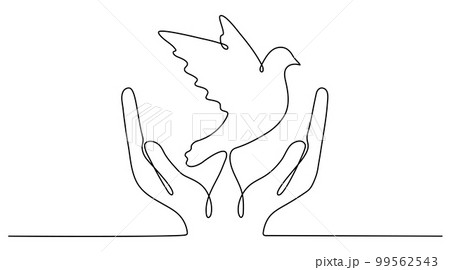 Continuous line drawing hand with flying bird. 99562543