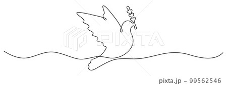 Flying dove with olive branch continuous one line drawn. 99562546