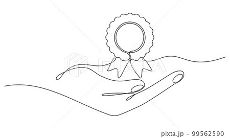 Hand holding award badge continuous one line drawing. 99562590