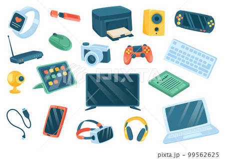 Devices cute stickers isolated set. Collection of fitness tracker, printer, music column, console, wifi router, tablet, cameras, tv, laptop, smartphone. Vector illustration in flat cartoon design Devices cute stickers isolated set. Collection of fitness tracker, printer, music column, console, wifi router, tablet, cameras, tv, laptop, smartphone. Vector illustration in flat cartoon design 99562625
